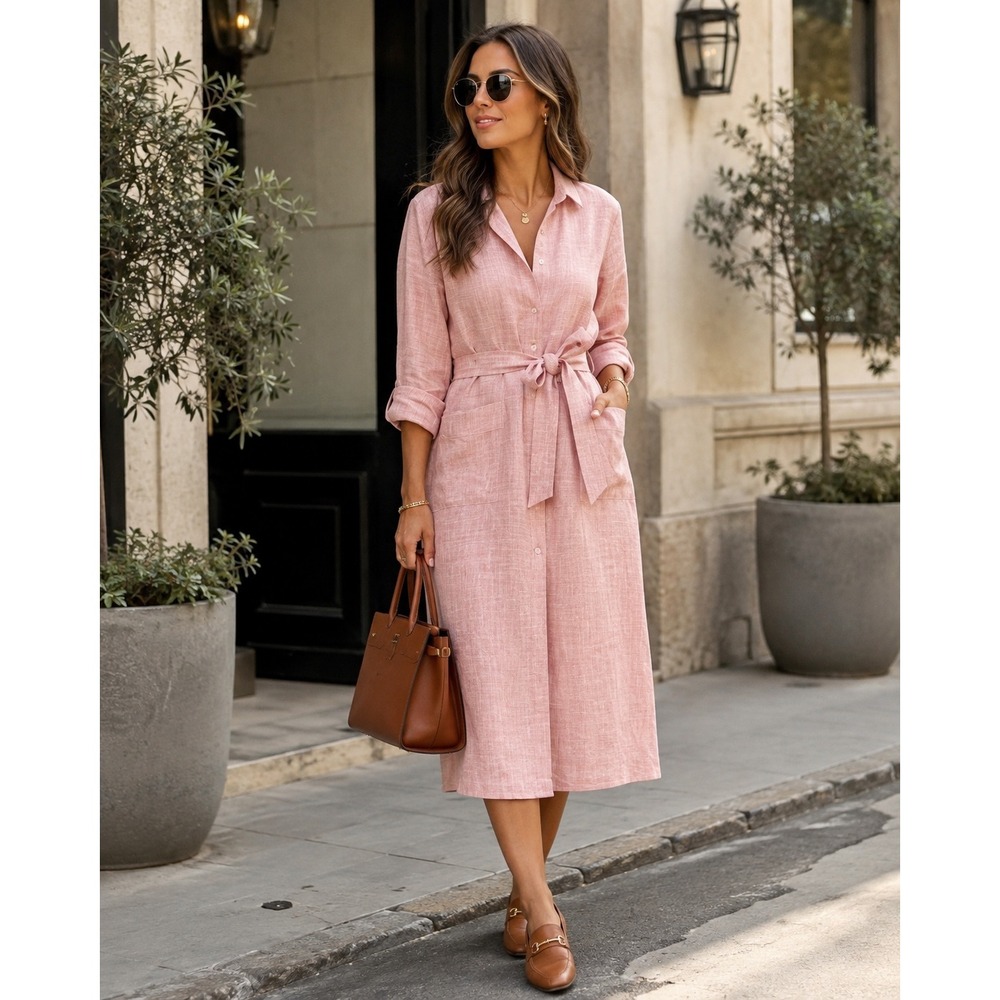 Sartoria Femmina x Nicole Soto 100% Fine Linen Belted Shirt Dress